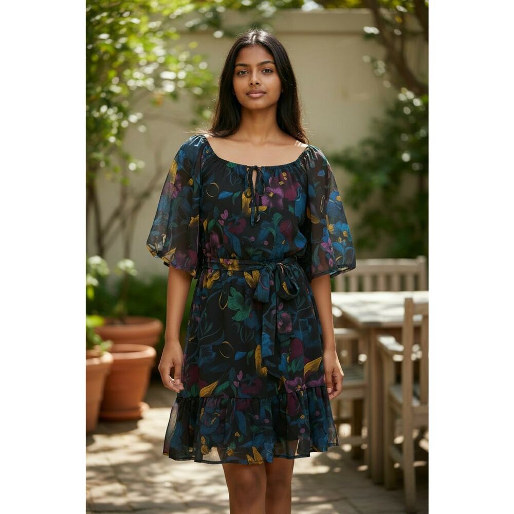 H&M Divided Black Floral Chiffon Flutter Sleeve Mini Dress Size 6 #A104PJ